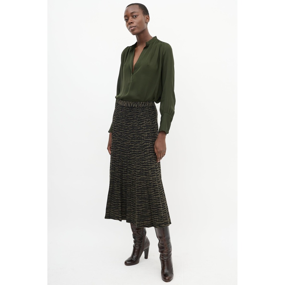 NEW Proenza Schouler Animal Print Intarsia Knit Midi Skirt Olive Black Pleated S